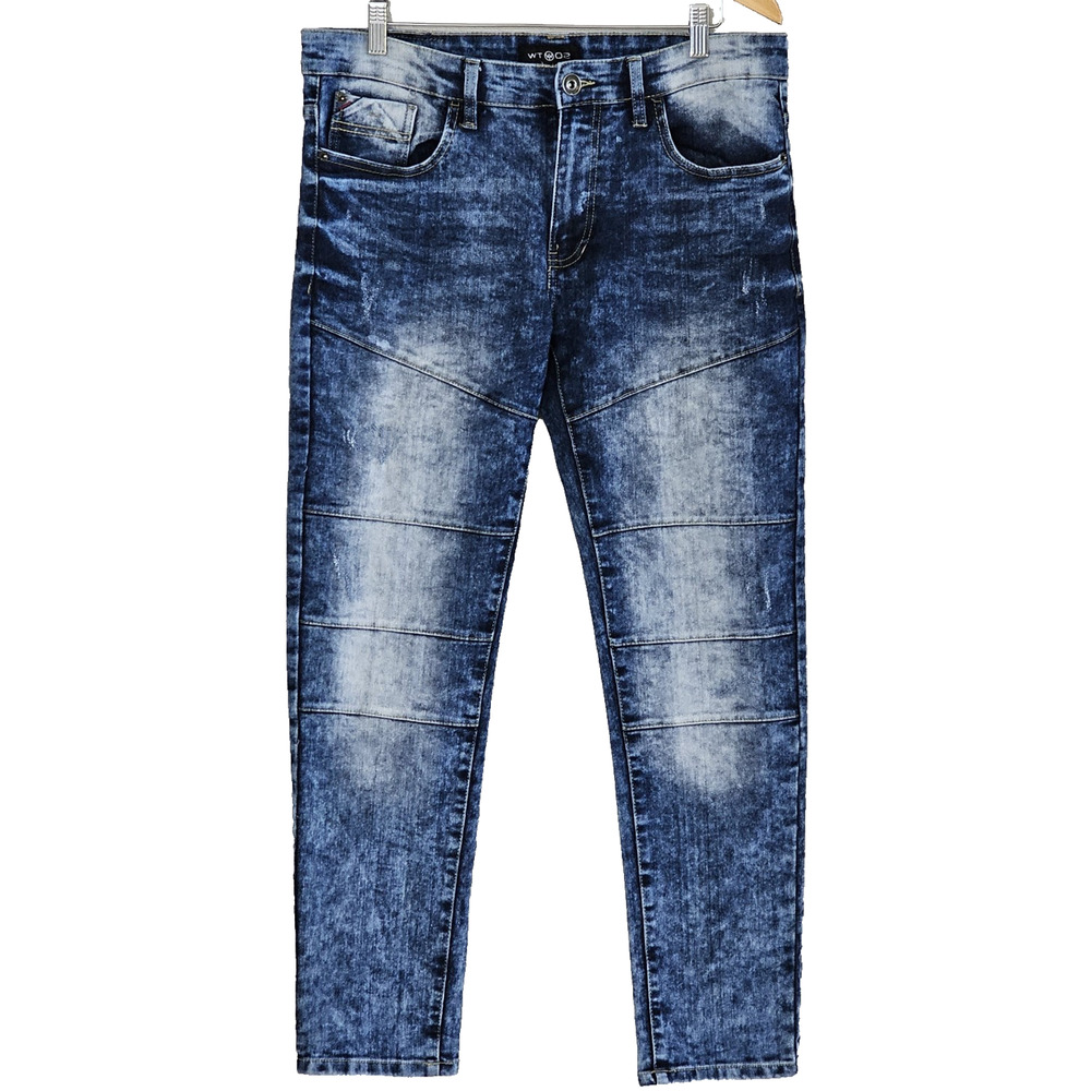 WT02 Men's Jeans Distressed Denim Acid Wash Blue Pants Stretch Size 34/30